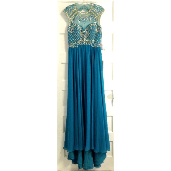 Vtg Ball Gown Dress 8 Turquoise Beaded Sequin Maxi Regency Prom Formal Princess - Picture 1 of 16